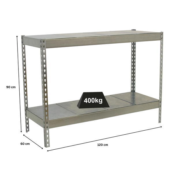 Metallregal mit zwei Fachböden, 90 Zentimeter hoch, 120 Zentimeter breit und 60 Zentimeter tief, Tragkraft 400 Kilogramm pro Boden.