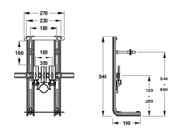 Maßzeichnung eines Montageelements für Sanitärobjekte mit Frontal- und Seitenansicht sowie detaillierten Maßangaben in Millimetern.