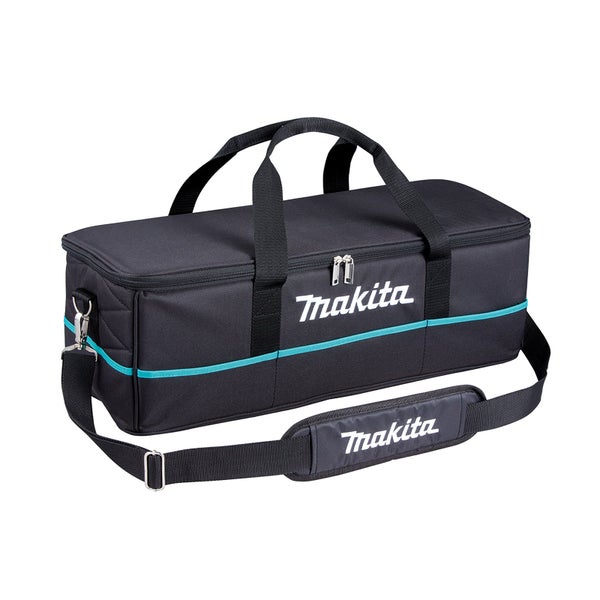 Makita Werkzeugtasche in Schwarz mit Schultergurt, Tragegriffen und Reißverschluss.