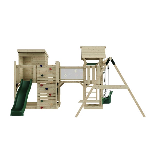 Spielplatz aus Holz mit Rutsche, Schaukel und Kletterwand für den Garten