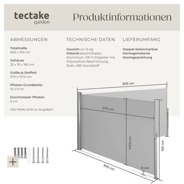 Doppel-Seitenmarkise tectake  160 x 600 cm aus Aluminium grau