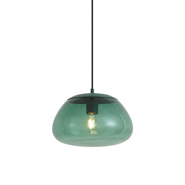 Moderne Pendelleuchte mit rundem Glasschirm und sichtbarem Filamentleuchtmittel an einem Kabel zur Deckenmontage.