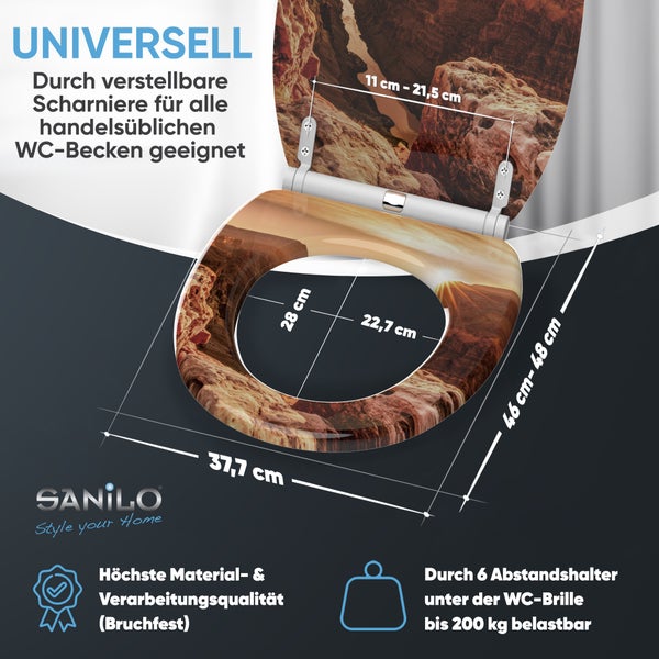 Sanilo Logo. WC-Sitz mit Canyon-Motiv, Maße circa 37,7 mal 46 bis 48 Zentimeter, belastbar bis 200 Kilogramm, verstellbare Scharniere.