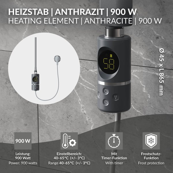 Elektrischer Heizstab in Anthrazit mit 900 Watt, digitaler Anzeige, Timer-Funktion und Frostschutz, Durchmesser 45 Millimeter.