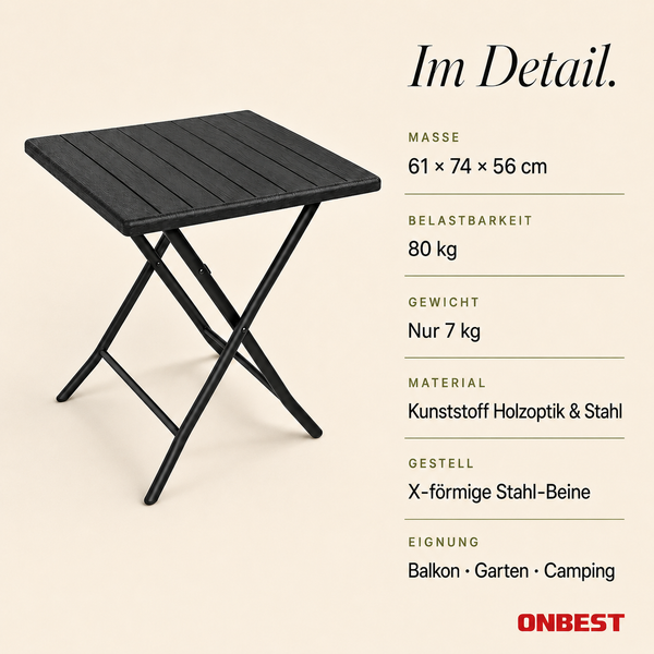 Schwarzer Klapptisch aus Kunststoff in Holzoptik und Stahl, 61 mal 74 mal 56 Zentimeter, Belastbarkeit 80 Kilogramm, ONBEST Logo.