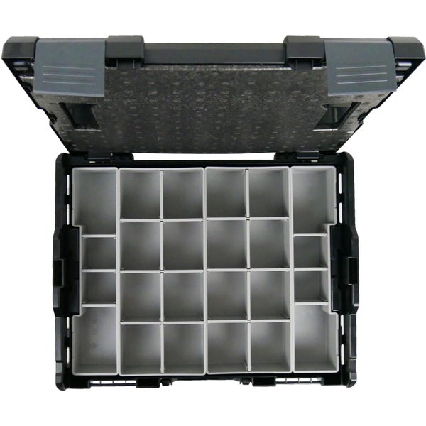 Sortimentskasten aus Kunststoff mit zwanzig Fächern und Schaumstoffeinlage im Deckel.