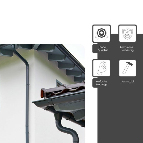 Dachrinnensystem aus Metall am Haus mit Symbolen für hohe Qualität, Korrosionsbeständigkeit, einfache Montage und Formstabilität