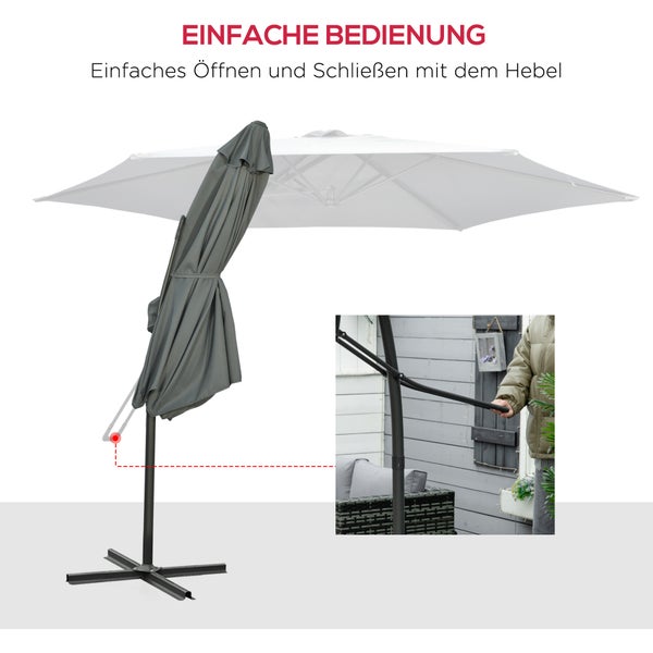 Grauer Ampelschirm über einer Gartenlounge mit zwei Personen, Detailansicht des Verriegelungsmechanismus für verstärkte Stabilität.