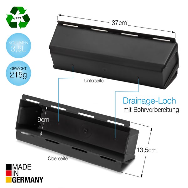 BigDean 6er Set Paletten Blumenkästen - Einsatz - mit Hängesystem zum Einhängen - 37cm anthrazit - Pflanzkasten für Europalette Balkonkasten Blumentopf - aus recyceltem PP-Kunststoff