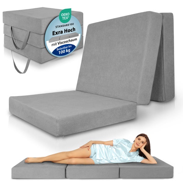 Graue Klappmatratze mit Öko Tex Standard 100 Siegel, extra hoch, mit Viscoschaum, belastbar bis 100 Kilogramm