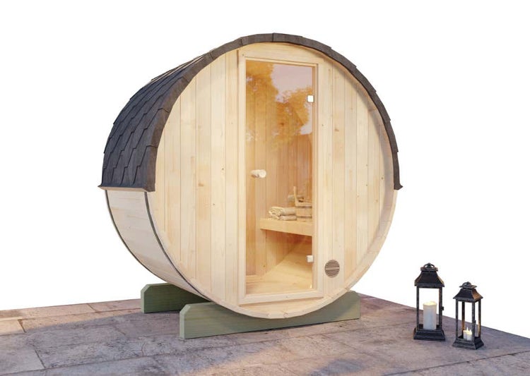 FinnTherm Fasssauna Mini XXS Fasssauna 2 Sitzbänke aus Holz Sauna mit 42 mm Wandstärke, Außensauna mit Montagematerial 1,9x1,3m