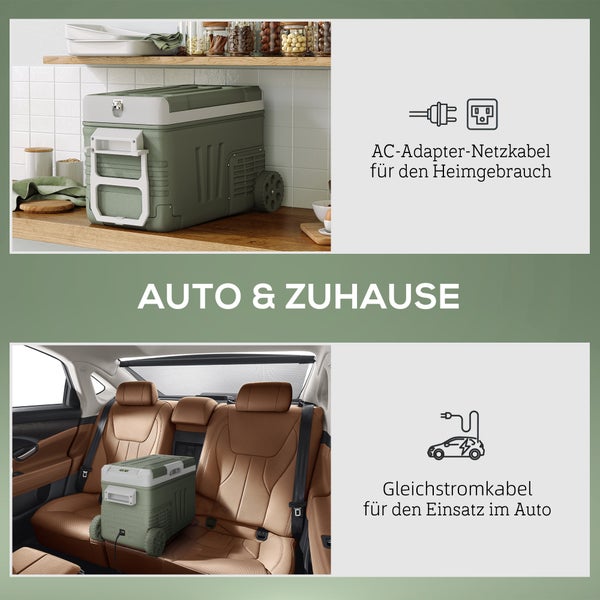 Outsunny 33 Liter Kompressor Kühlbox elektrische Kühlbox mit LED Rolle Kühlfunktion leise Gefrierbox Thermobox Mini Kühlschrank 12/230 Volt für Auto Steckdose LKW Camping Boot Grün