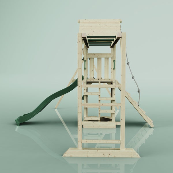 Spielturm aus Holz mit Rutsche, Kletterwand und Schaukelgerüst