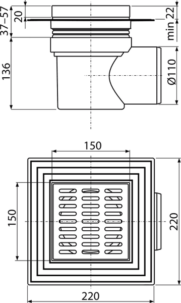 Technische Zeichnung eines Bodenablaufs mit Maßen in Millimetern. Draufsicht mit 150 mal 150 Millimeter Rost und Seitenansicht.