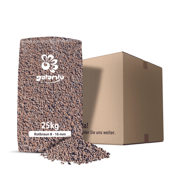 Galamio Lavamulch rotbraun 8 bis 16 Millimeter in einem 25 Kilogramm Sack neben einem Versandkarton.