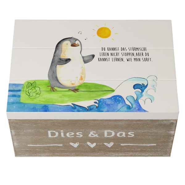 Mr. & Mrs. Panda 22 x 15 cm Holzkiste Pinguin Surfer - Weiß