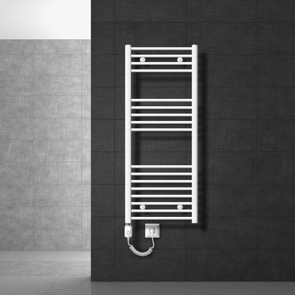 LuxeBath Elektrischer Badheizkörper Sahara 500x1200 mm Weiß gebogen Seitenanschluss & Heizstab 1200W mit Thermostat & Digitalanzeige, Handtuchheizkörper mit Heizpatrone Handtuchwärmer Handtuchtrockner