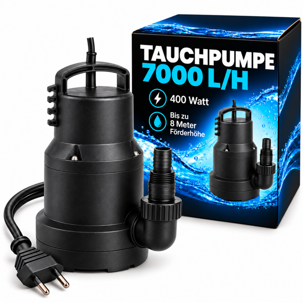 Tauchpumpe mit 400 Watt Leistung, 7000 Liter pro Stunde Fördermenge und 8 Meter Förderhöhe inklusive Anschlussstutzen und Stromkabel.