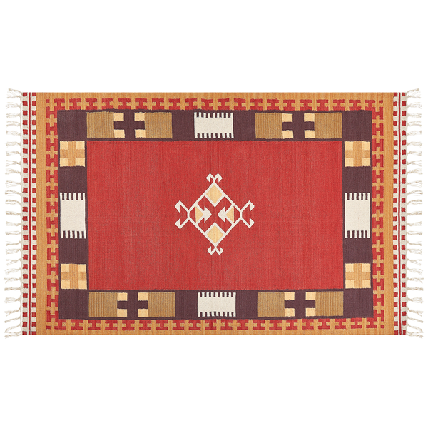 Rechteckiger Kelim-Teppich mit geometrischen Mustern, zentralem Rautenmotiv und Fransen.