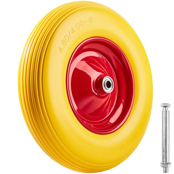 Pannensicheres Schubkarrenrad aus Polyurethan mit gelbem Reifen, roter Stahlfelge und Achsschraube.