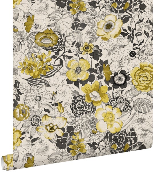 Tapetenrolle mit Blumenmuster in Gelb- und Grautönen