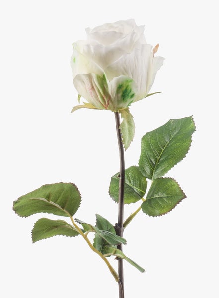 Detailansicht eines künstlichen Rosenstiels mit grünen Blättern aus Kunststoff.