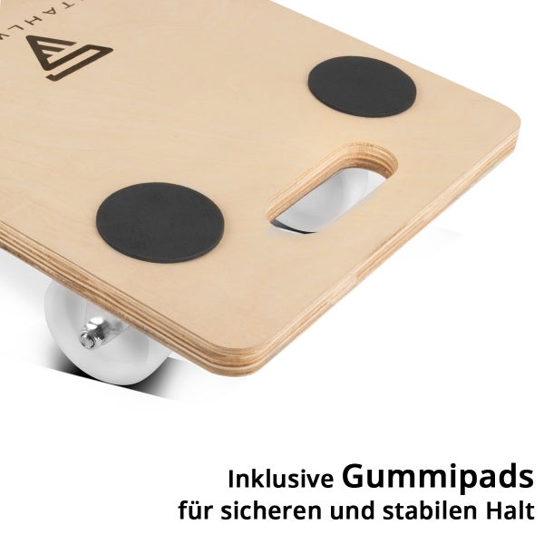 Detailansicht eines Transportrollers aus Sperrholz mit Gummipads für sicheren und stabilen Halt sowie Tragegriff.