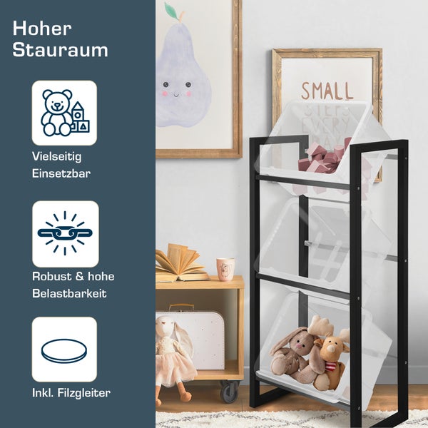 Regal mit drei transparenten Kunststoffboxen und schwarzem Metallrahmen zur Aufbewahrung im Kinderzimmer.