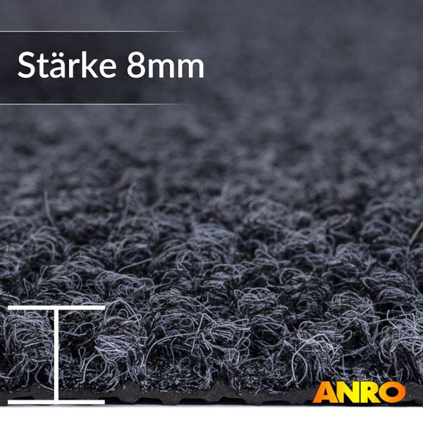 Nahaufnahme einer Matte mit strukturierter Faseroberfläche, Stärke 8 Millimeter, ANRO Logo.