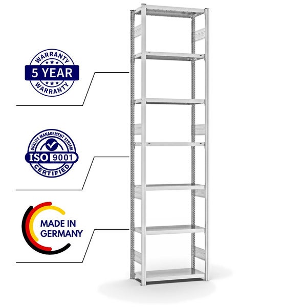 PROREGAL Fachbodenregal Stecksystem T-Profil Heavy-Duty Grundregal HxBxT 300 x 75 x 30 cm 7 Ebenen Fachlast 300 kg Beidseitig Nutzbar Lichtgrau