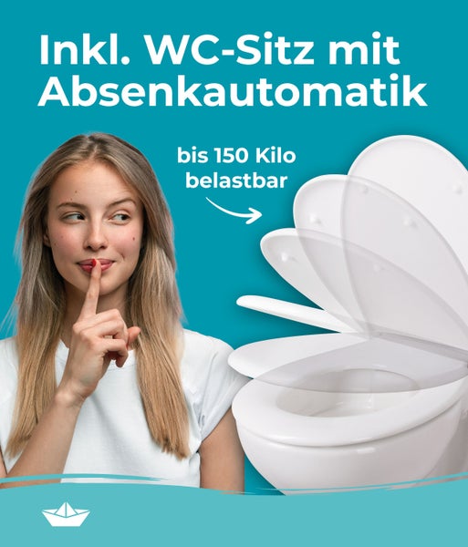 Calmwaters® Spülrandloses WC, wassersparendes Wand WC, geruchsarmer Tiefspüler, Hänge WC inkl. Toilettendeckel Duroplast Absenkautomatik Abnehmbar, 08AB3131