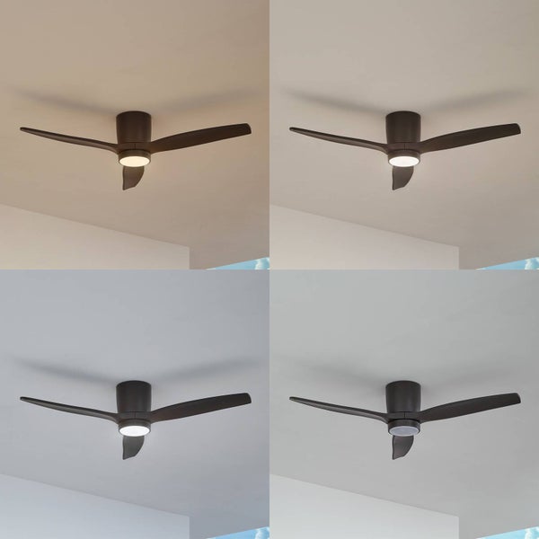 Deckenventilator mit 3 Flügeln und LED-Licht in Schwarz, Darstellung verschiedener Farbtemperaturen von warmweiß bis kaltweiß.