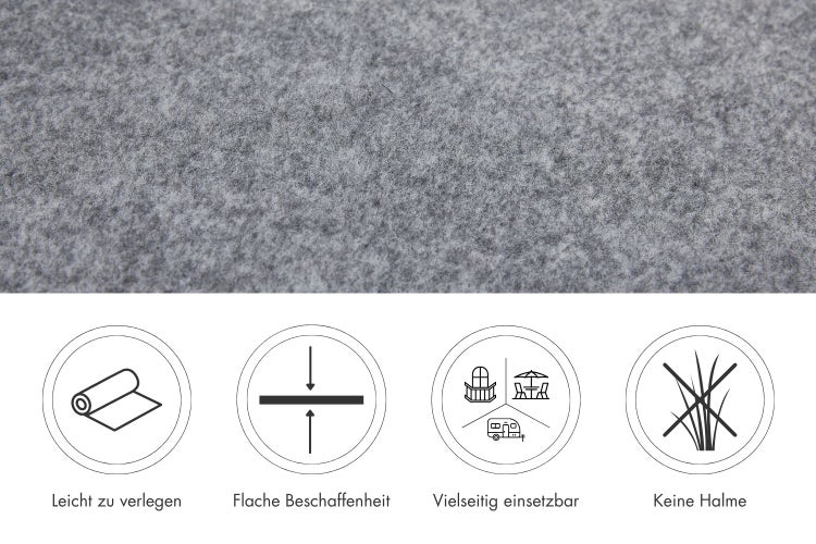 Nahaufnahme eines Bodenbelags aus Nadelvlies mit Symbolen für einfache Verlegung, flache Beschaffenheit, vielseitige Nutzung und ohne Halme.