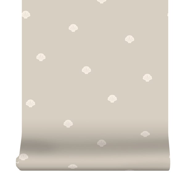 Beige Vliestapete mit Muschelmuster, Tapetenrolle für die Wandgestaltung.