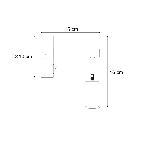 Technische Zeichnung einer Wandleuchte mit den Maßen 10 cm Durchmesser, 15 cm Breite und 16 cm Höhe.
