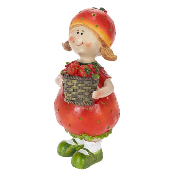 Dekofigur Mädchen im Erdbeer-Outfit mit einem Korb voller Erdbeeren.