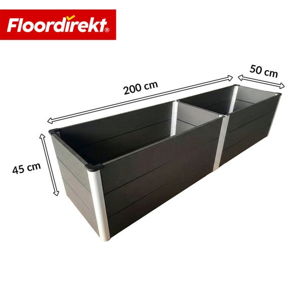 Floor direkt Logo. Pflanzkasten mit den Maßen 200 cm Länge, 45 cm Höhe und 50 cm Breite.