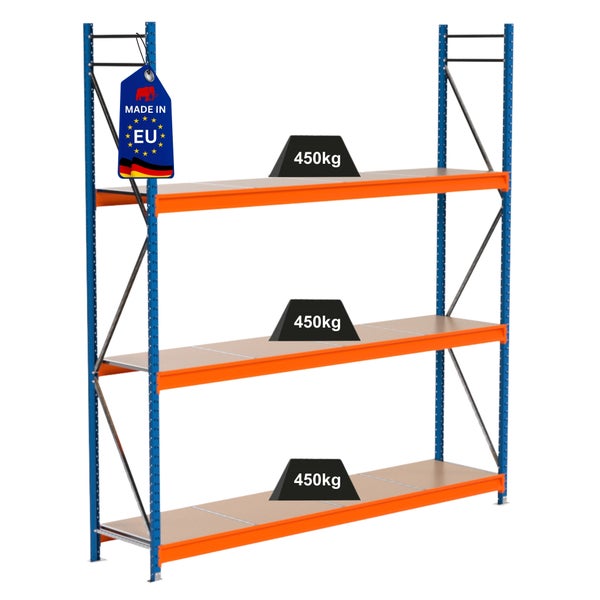 Lagerregal mit drei Ebenen und einer Traglast von 450 Kilogramm pro Ebene. Hergestellt in der EU.