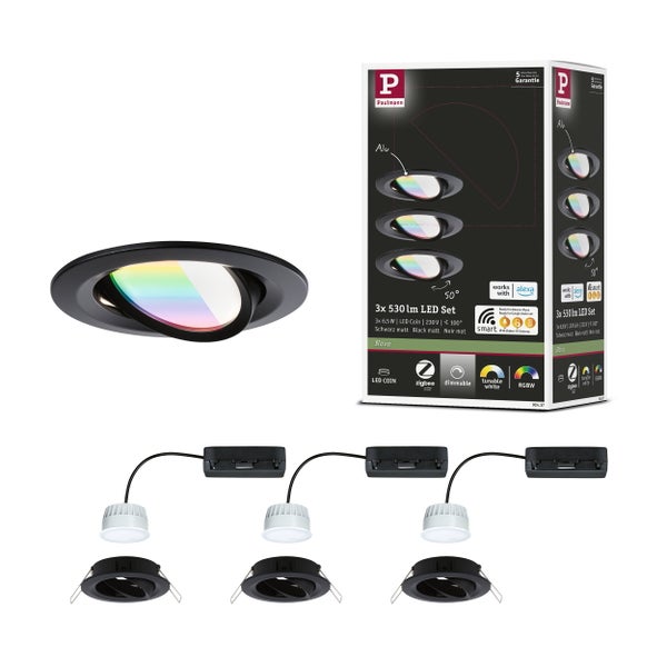 Technisches Datenblatt für Paulmann LED Einbaustrahler mit IP23 Spritzwasserschutz und Zigbee Steuerung inklusive Montageanleitung und Maßen.