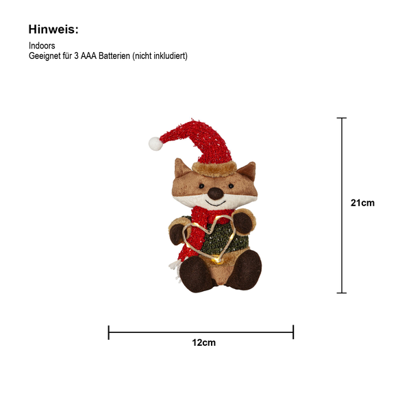 Dekofigur Fuchs mit roter Mütze und Herz-Lichtern, geeignet für den Innenbereich, circa 21 cm hoch und 12 cm breit
