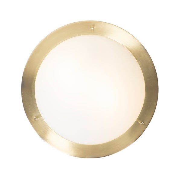 Runde Decken- oder Wandleuchte mit Metallrahmen in Messing-Optik und opalem Diffusor.