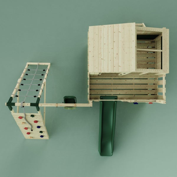 Spielturm aus Holz mit Rutsche, Kletterwand und Netz