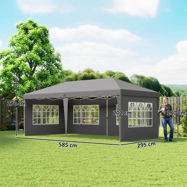 Grauer Faltpavillon mit Seitenwänden und Bogenfenstern, Breite 585 Zentimeter, Tiefe 295 Zentimeter, Gesamthöhe 270 Zentimeter, in einem Garten.