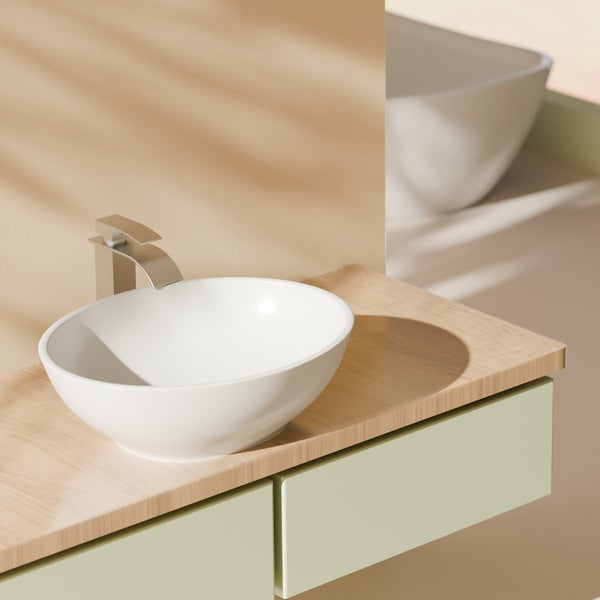 EMKE Aufsatzwaschbecken Ovales 415 x 335 mm, Keramik Waschbecken Weiß Glänzend, Höhe 130 mm, leicht zu reinigen, Waschschale für Bad und Gäste-WC