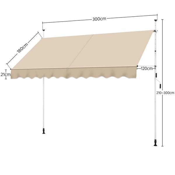 Illustration einer beigen Gelenkarmmarkise mit Größenangaben
