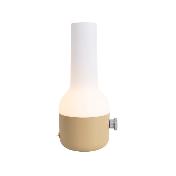 Moderne Tischlampe mit weißem, mattem Glasschirm, beigem Gehäuse und silbernem Drehregler.