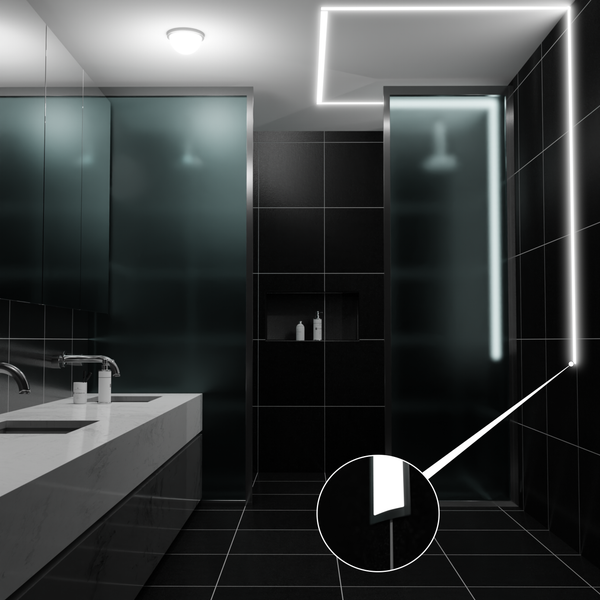 Modernes Badezimmer mit Waschbecken, Spiegel, Dusche und LED-Beleuchtung