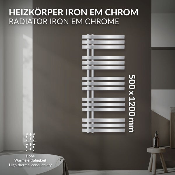 ECD Germany Iron EM Design Badheizkörper - 500 x 1200 mm - Chrom - Designheizkörper Paneelheizkörper Heizkörper Handtuchwärmer Handtuchtrockner Heizung Radiator