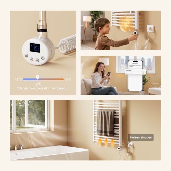Verschiedene Ansichten eines Heizkörperthermostats mit digitaler Anzeige und verschiedenen Nutzungsszenarien.
