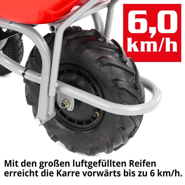 Detailaufnahme des Reifens einer Motorschubkarre mit Geschwindigkeitsangabe